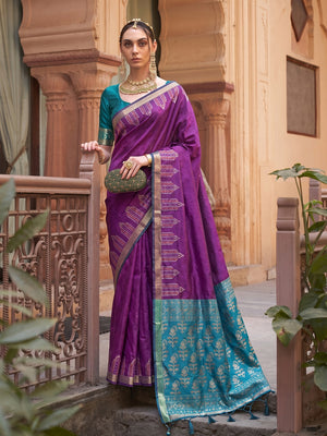 Peachmode Purple Soft Silk Woven Saree - Image 1