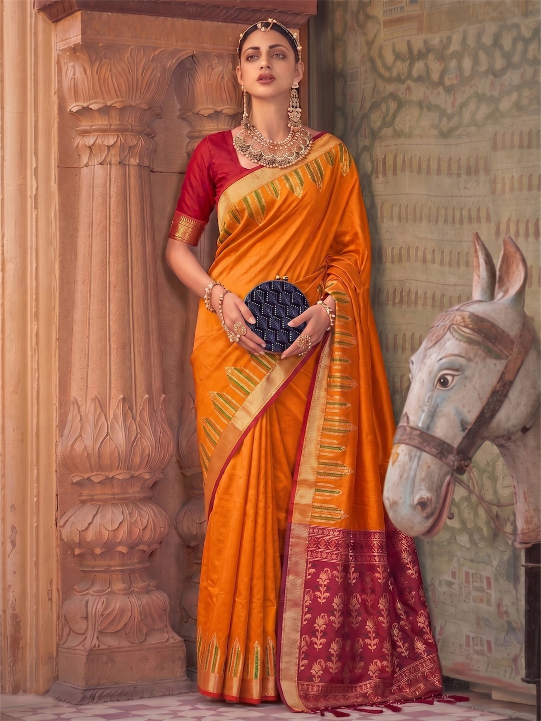 Peachmode Orange Yellow Soft Silk Woven Saree - Image 1