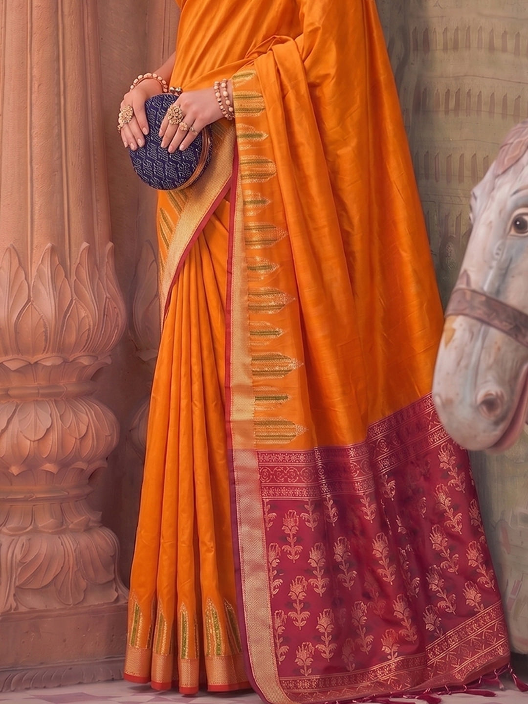 Peachmode Orange Yellow Soft Silk Woven Saree - Image 4