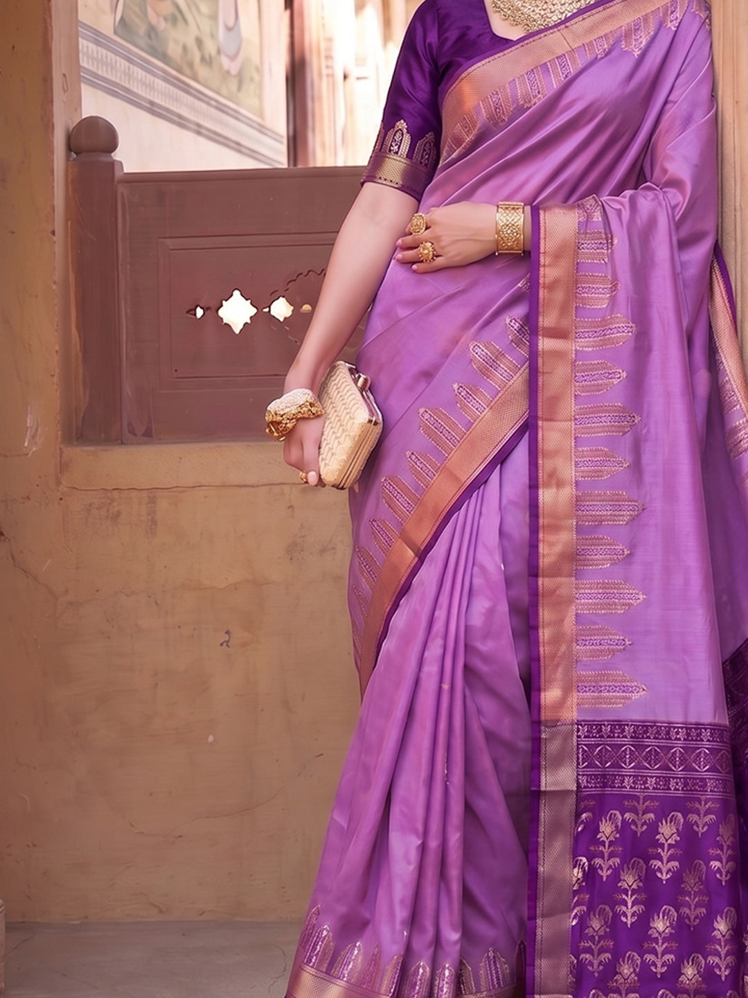 Peachmode Violet Soft Silk Woven Saree - Image 5