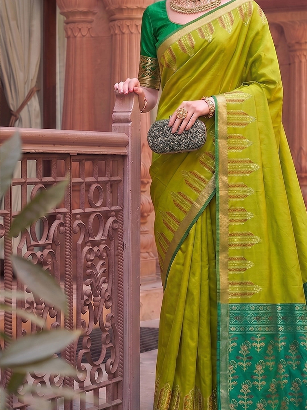 Peachmode Mustrd Green Soft Silk Woven Saree - Image 5