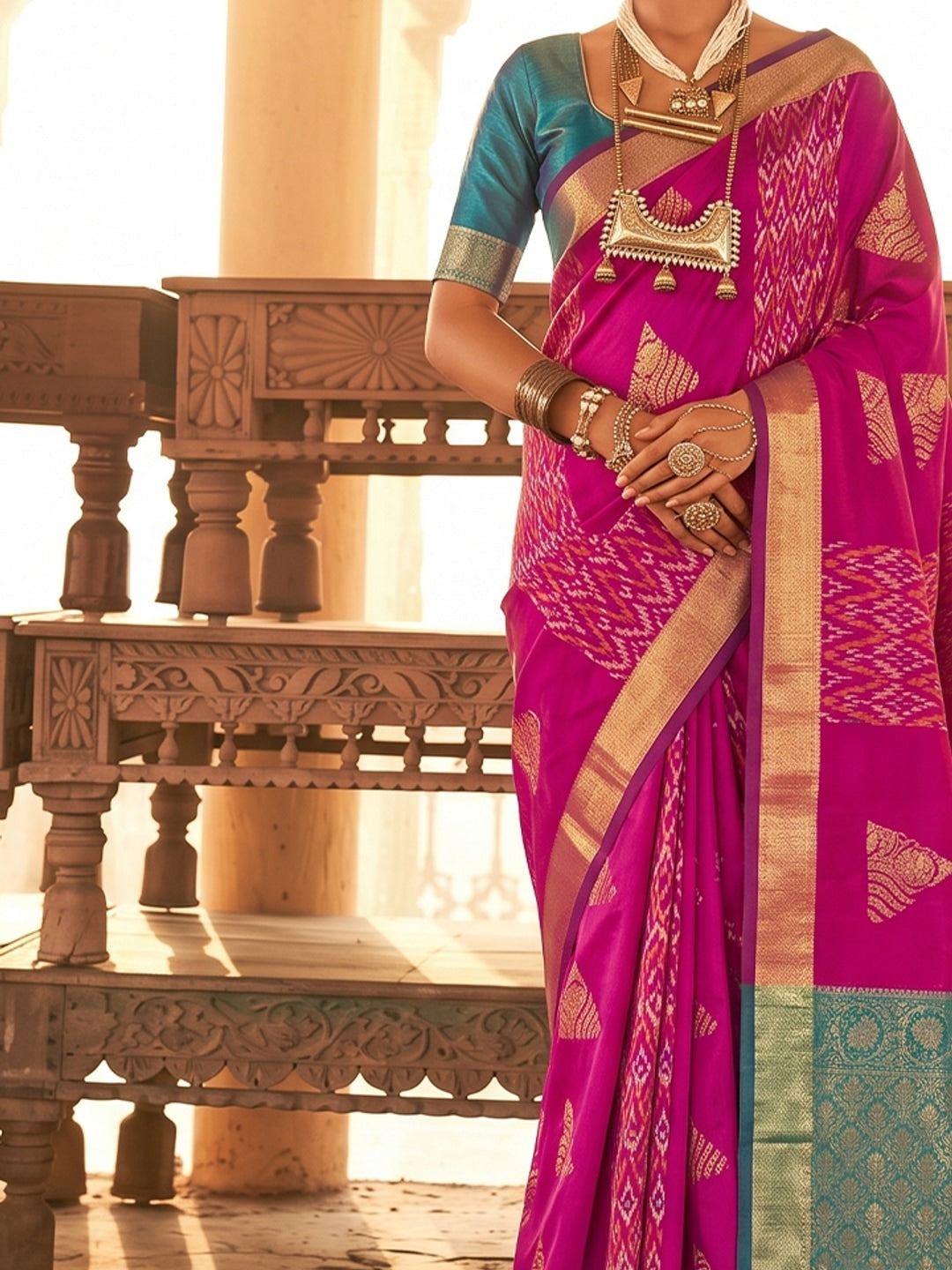 Peachmode Magenta Soft Silk Woven Saree - Image 5