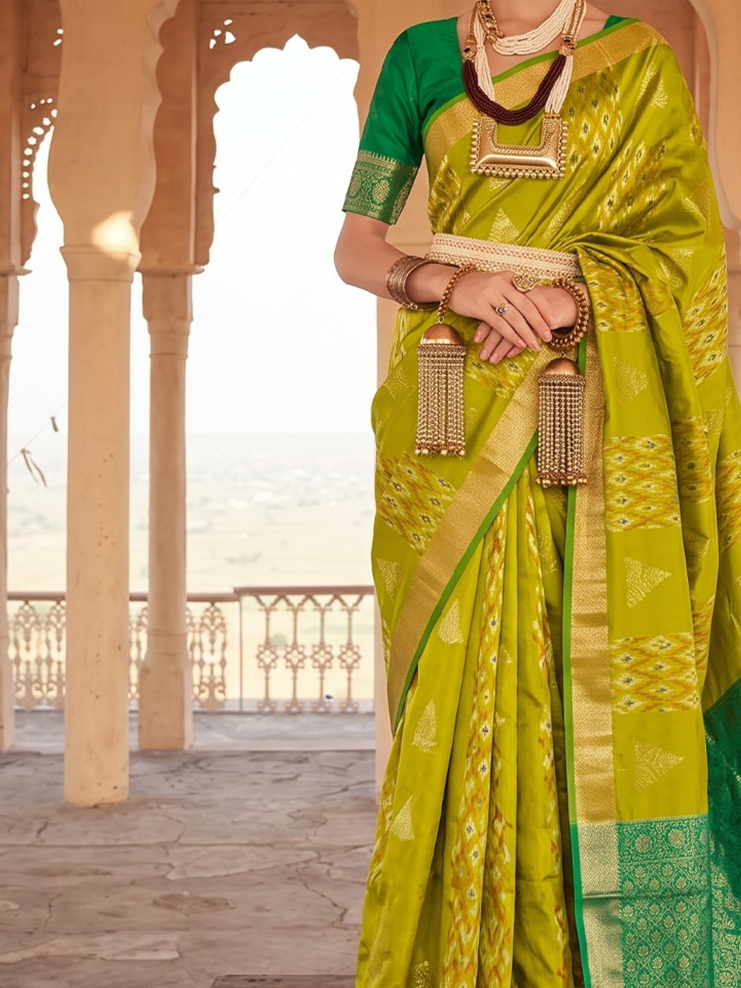Peachmode Mustard Green Soft Silk Woven Saree - Image 5