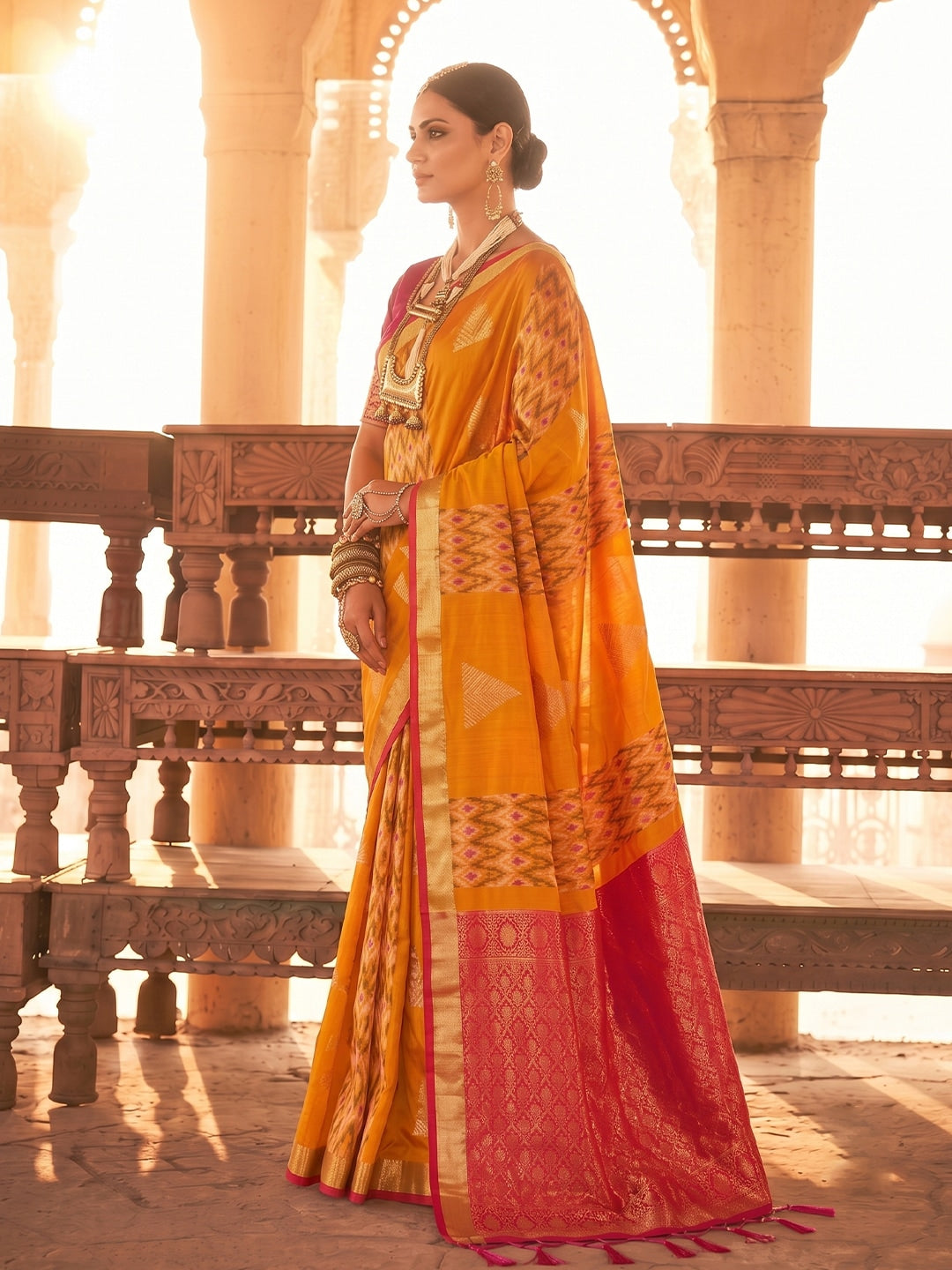 Peachmode Orange Soft Silk Woven Saree - Image 3