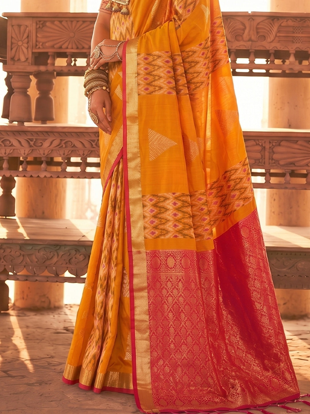 Peachmode Orange Soft Silk Woven Saree - Image 4