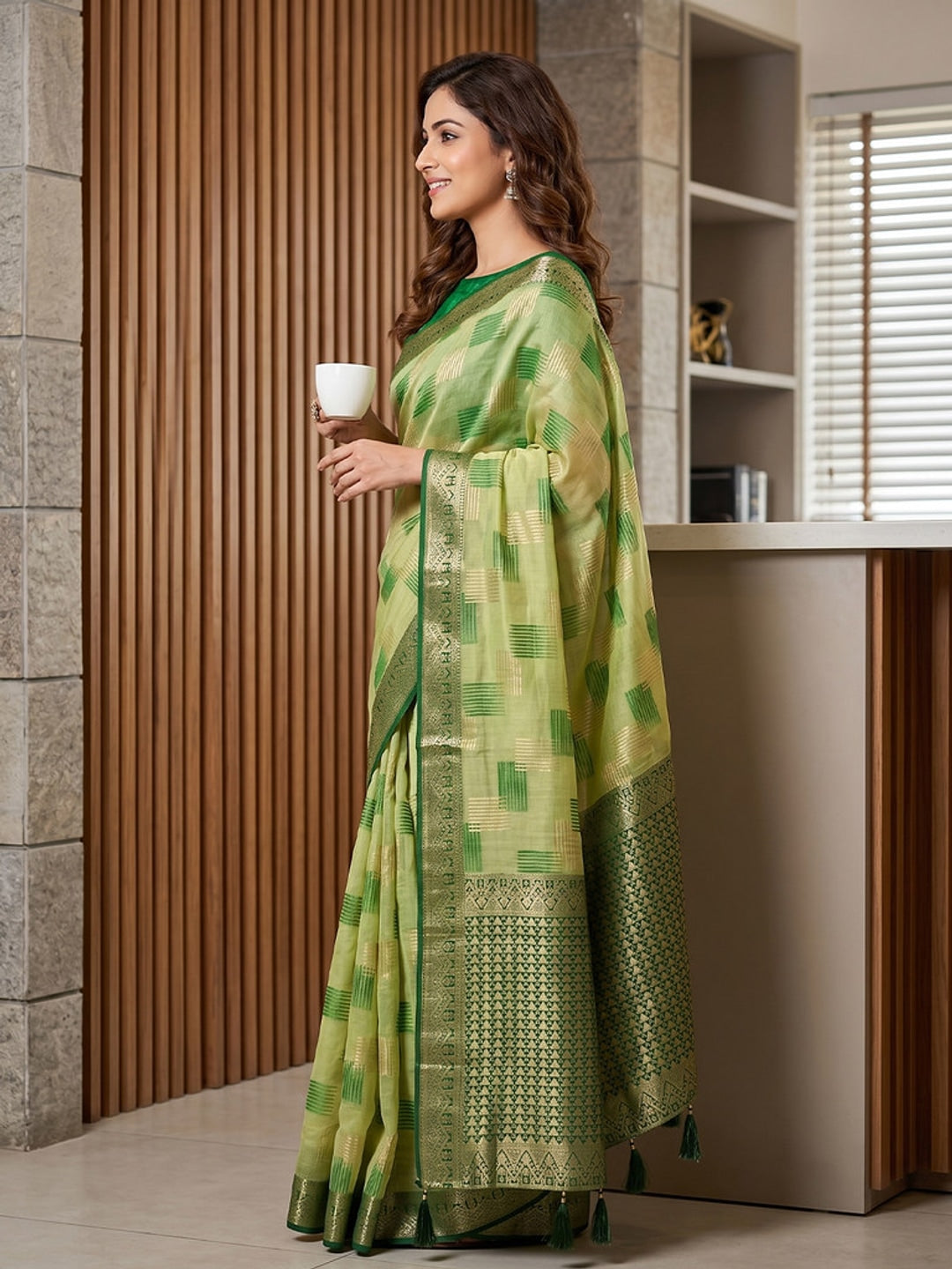 Peachmode Light Green Linen Cotton Woven Saree - Image 2