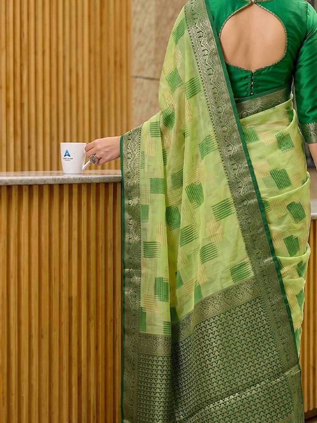 Peachmode Light Green Linen Cotton Woven Saree - Image 5