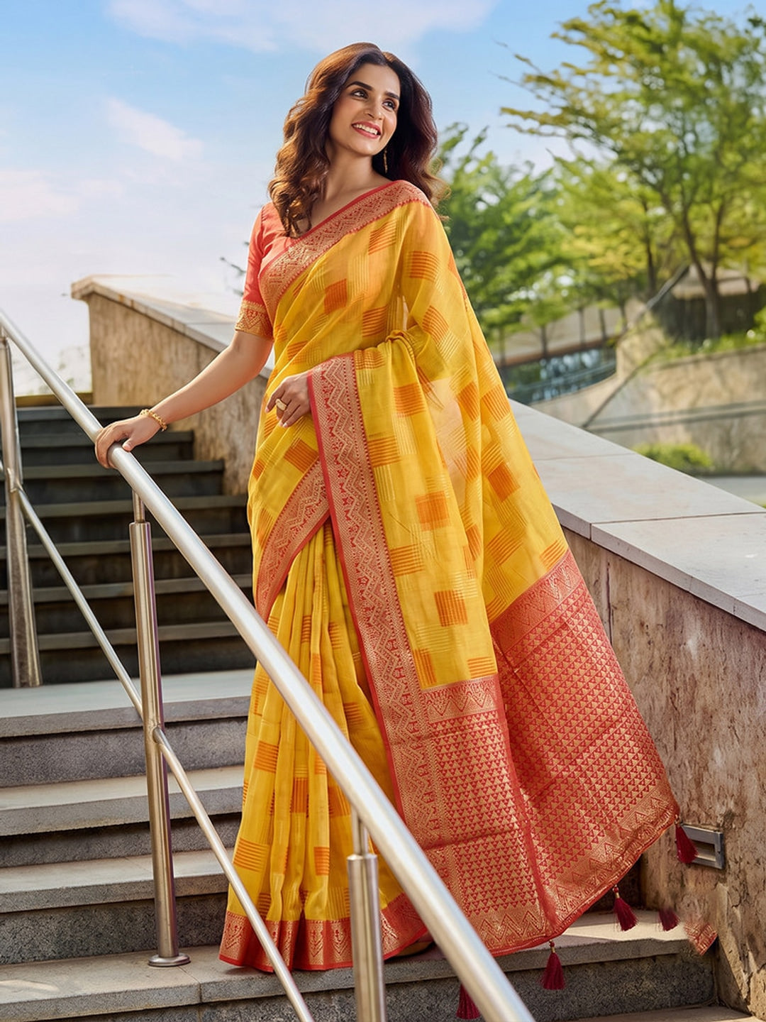 Peachmode Yellow Linen Cotton Woven Saree - Image 5