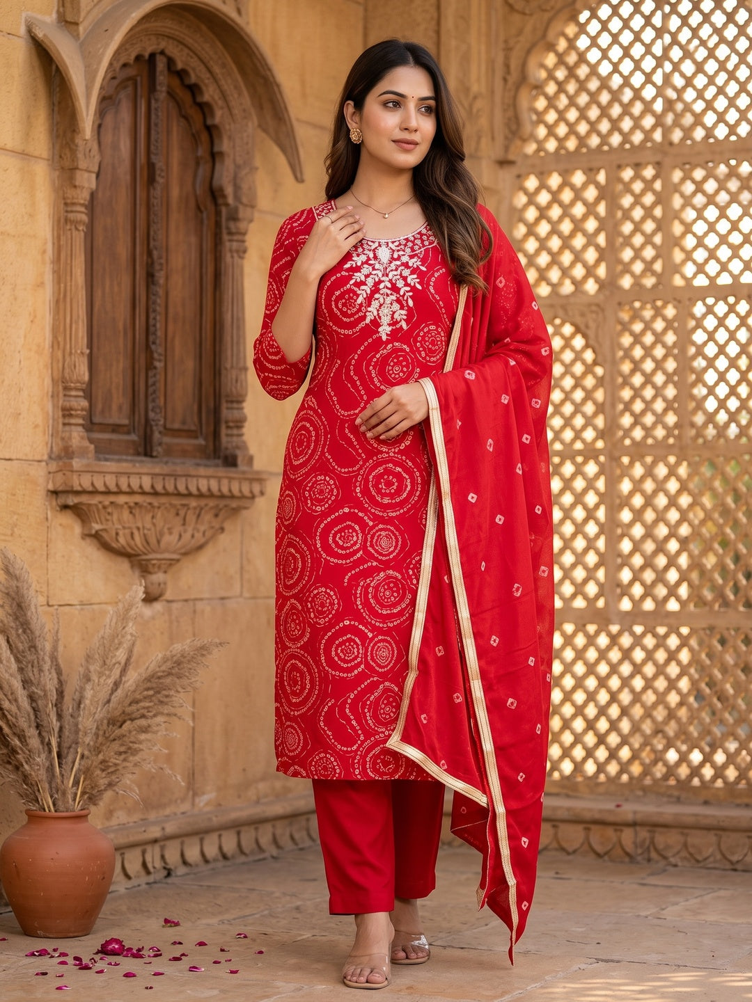 Peachmode Cambric Cotton Red Unstitched Dress Material - Image 1