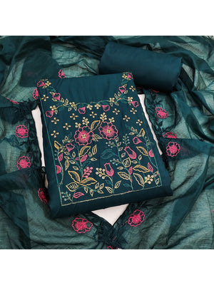Peachmode Teal Embroidered Roman Silk Dress Material - Image 1