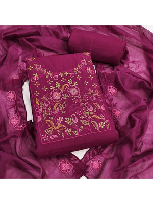 Peachmode Magenta Embroidered Roman Silk Dress Material - Image 1