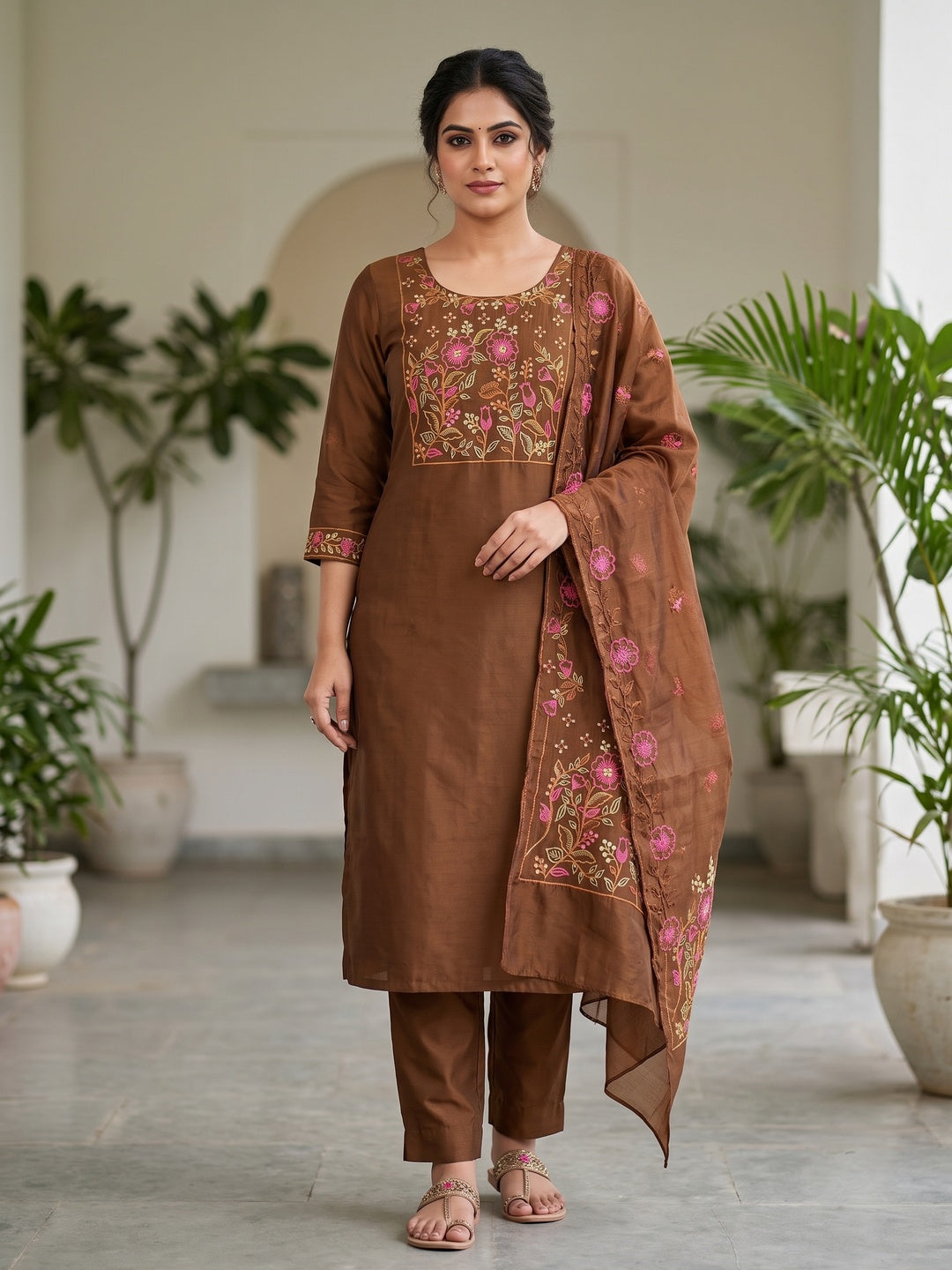 Peachmode Brown Embroidered Roman Silk Dress Material - Image 1