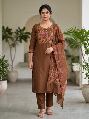 Peachmode Brown Embroidered Roman Silk Dress Material - Image 2