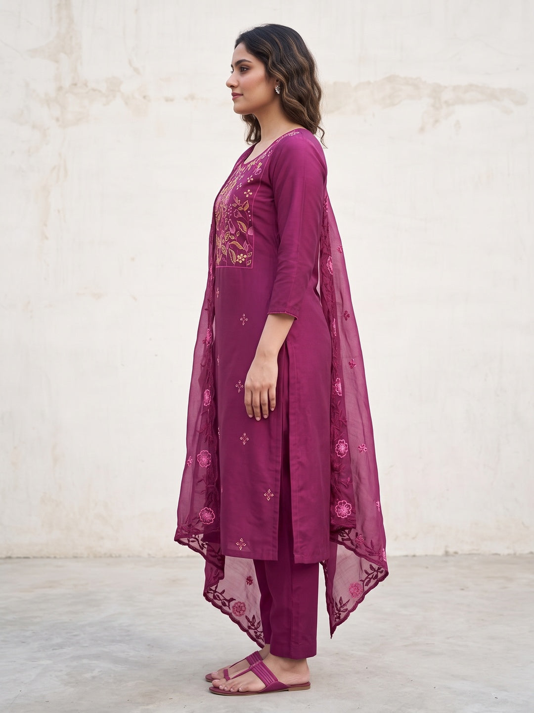 Peachmode Magenta Embroidered Roman Silk Dress Material - Image 4