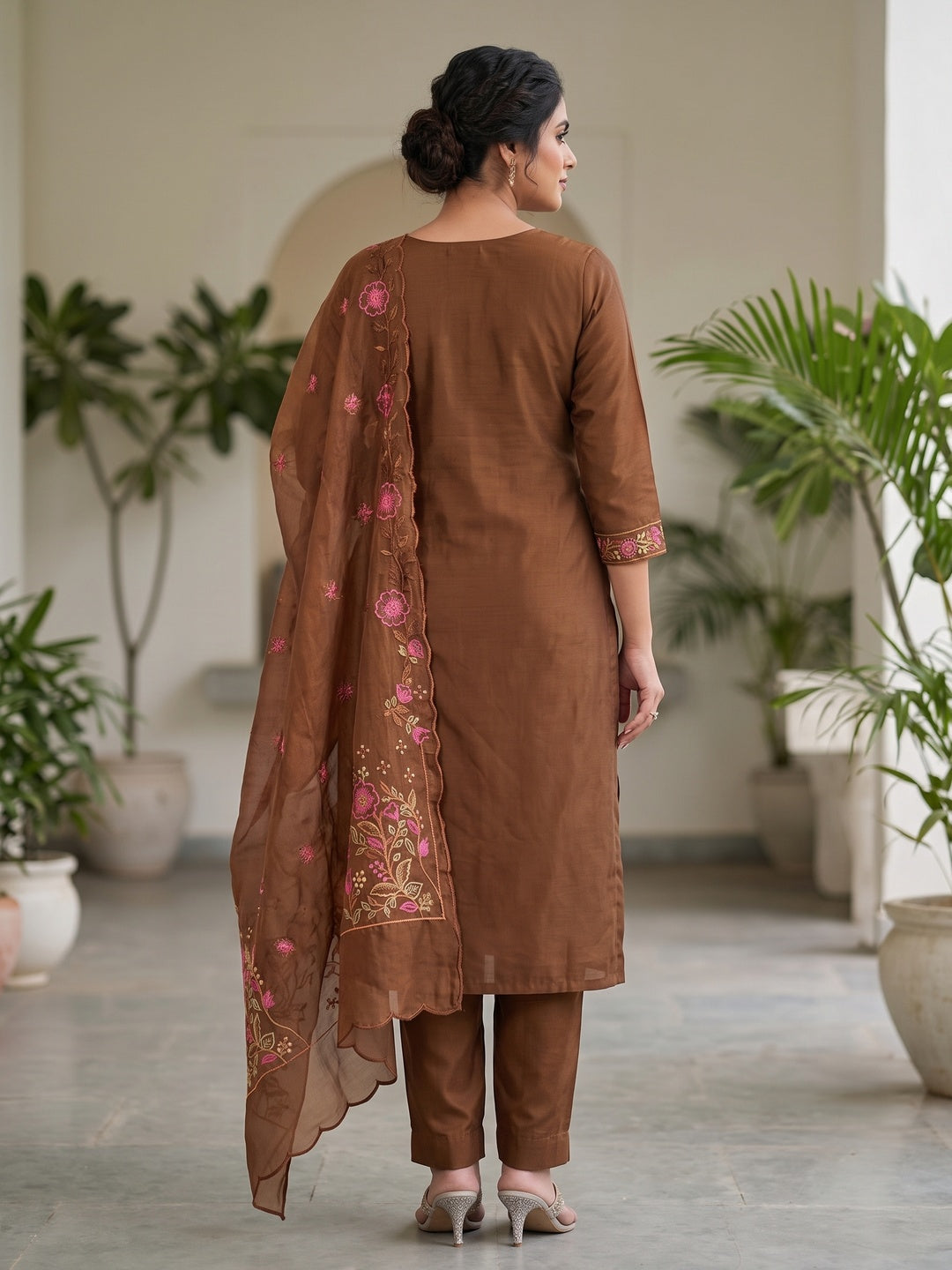 Peachmode Brown Embroidered Roman Silk Dress Material - Image 3