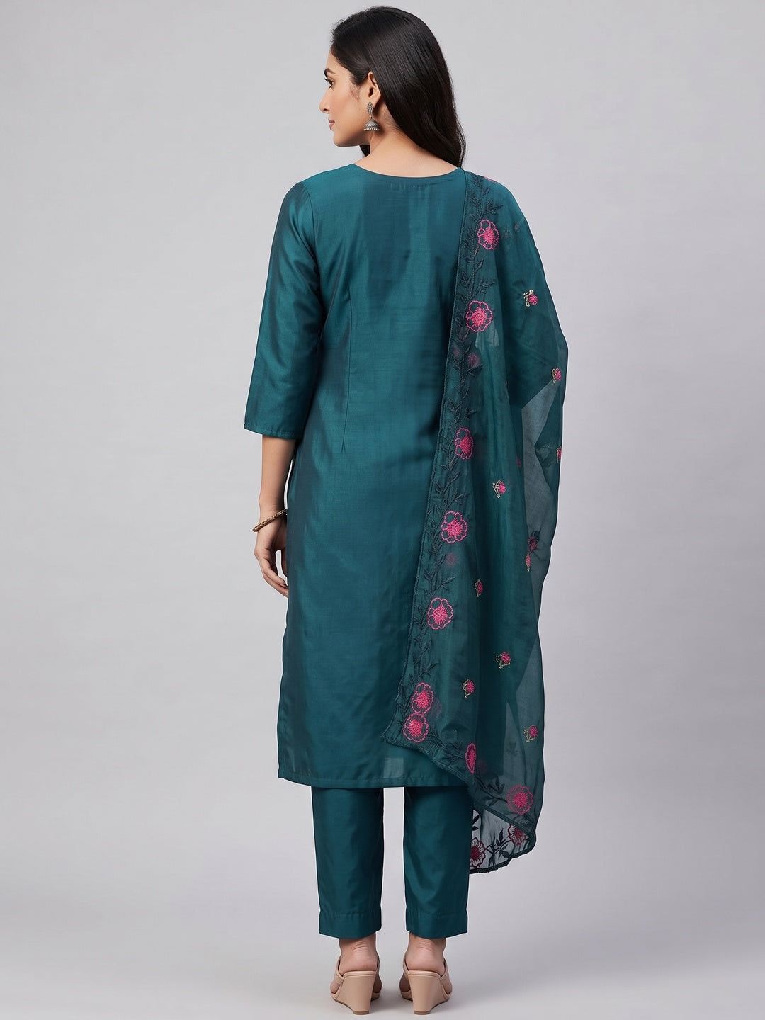 Peachmode Teal Embroidered Roman Silk Dress Material - Image 3