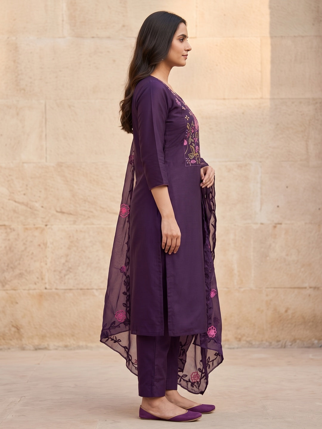 Peachmode Deep Purple Embroidered Roman Silk Dress Material - Image 4