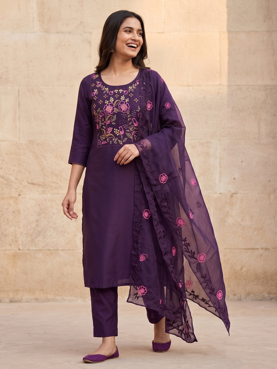 Peachmode Deep Purple Embroidered Roman Silk Dress Material - Image 5