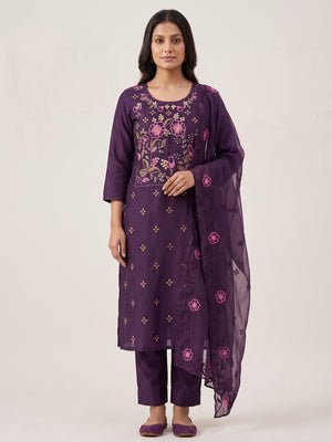 Peachmode Deep Purple Embroidered Roman Silk Dress Material - Image 2