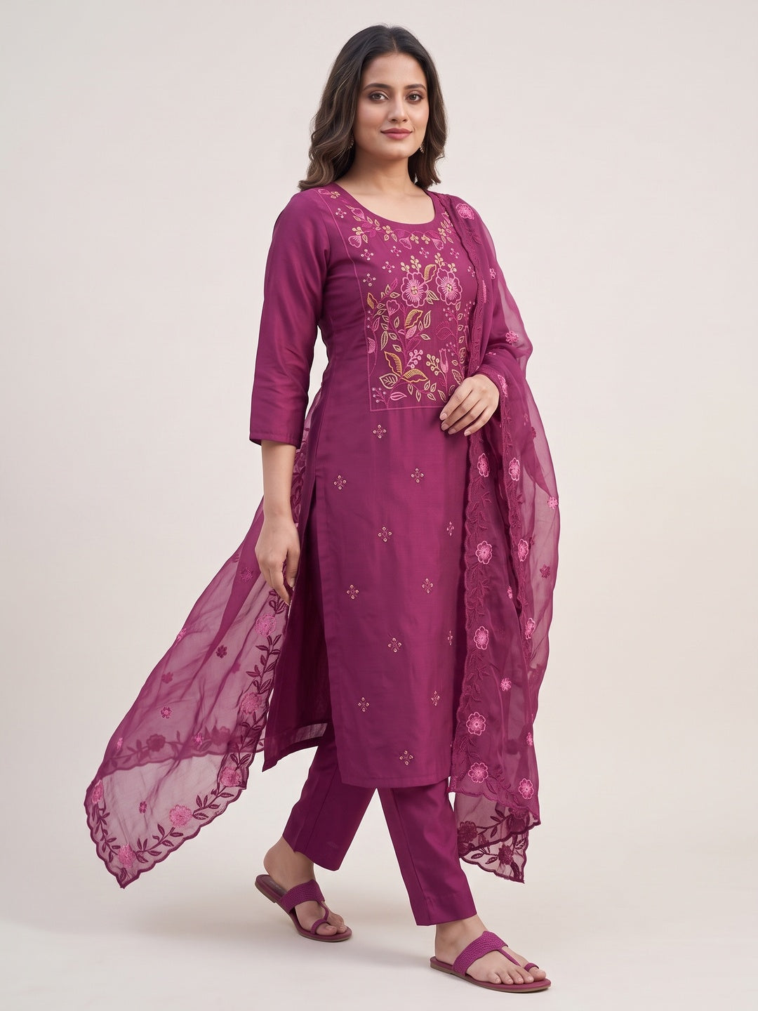 Peachmode Magenta Embroidered Roman Silk Dress Material - Image 5