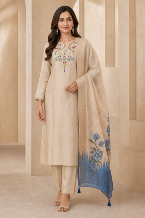 Chikoo Mul Chanderi Floral Embroidered Salwar Suit Set - Image 2