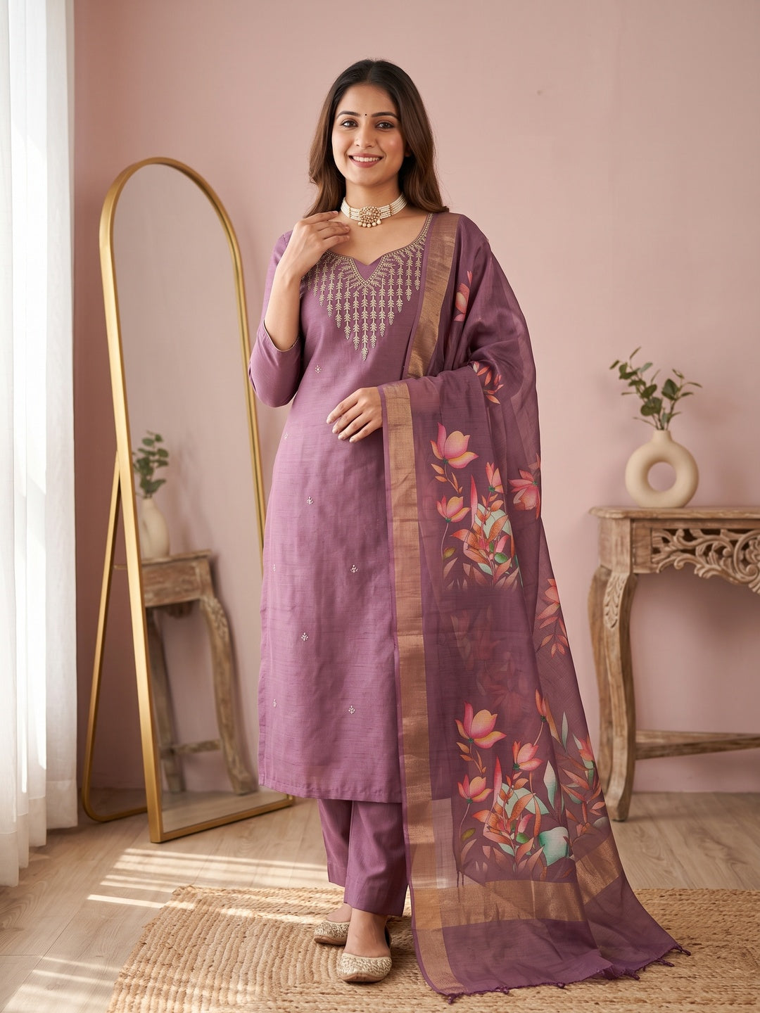 Festive Mauve Floral Embroidered Art Silk Dress Material with Fine Thread Work - Image 1