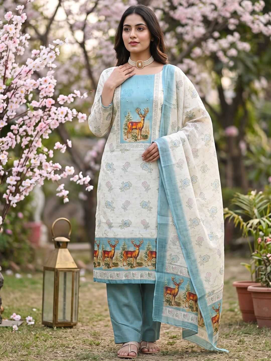Offwhite & Blue Linen Dress Material with Deer Print and Dupatta - Image 2