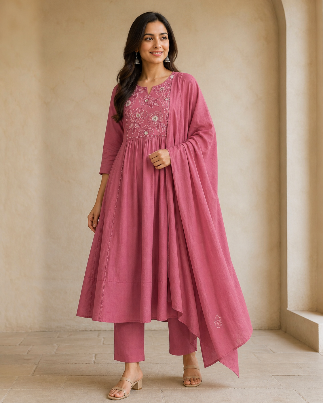 Pink Pure Cotton Floral Embroidered Mirror Work Anarkali Salwar Suit Set - Image 1