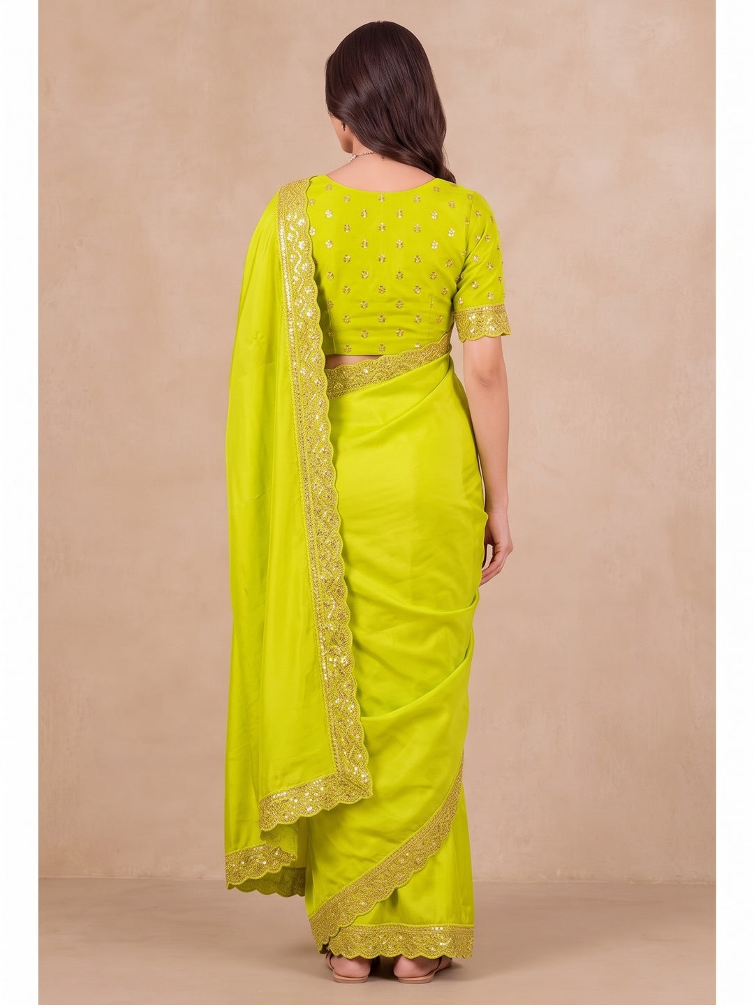 Peachmode Lime Green Sequin Embroidered Soft Silk Saree - Image 5
