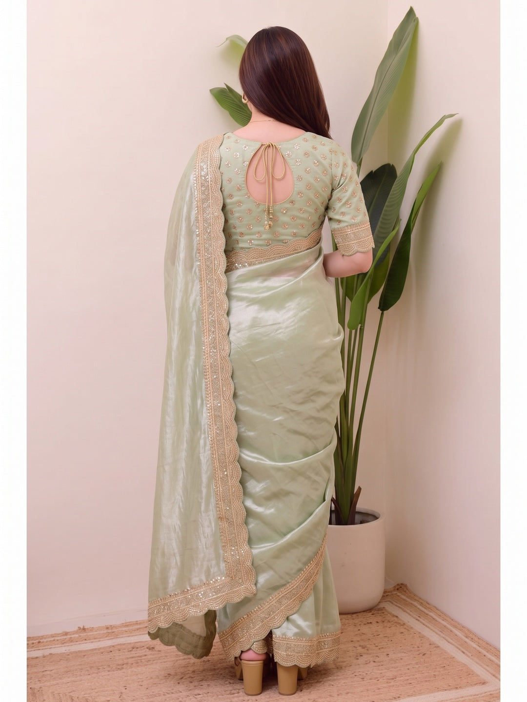 Peachmode Mint Green Sequin Embroidered Soft Silk Saree - Image 5