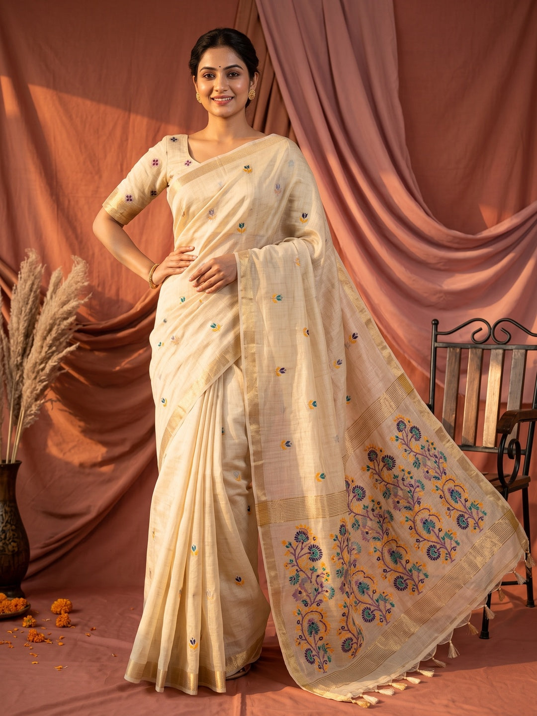 Peachmode Cream Cotton Blend Jamdani Woven Saree - Image 1