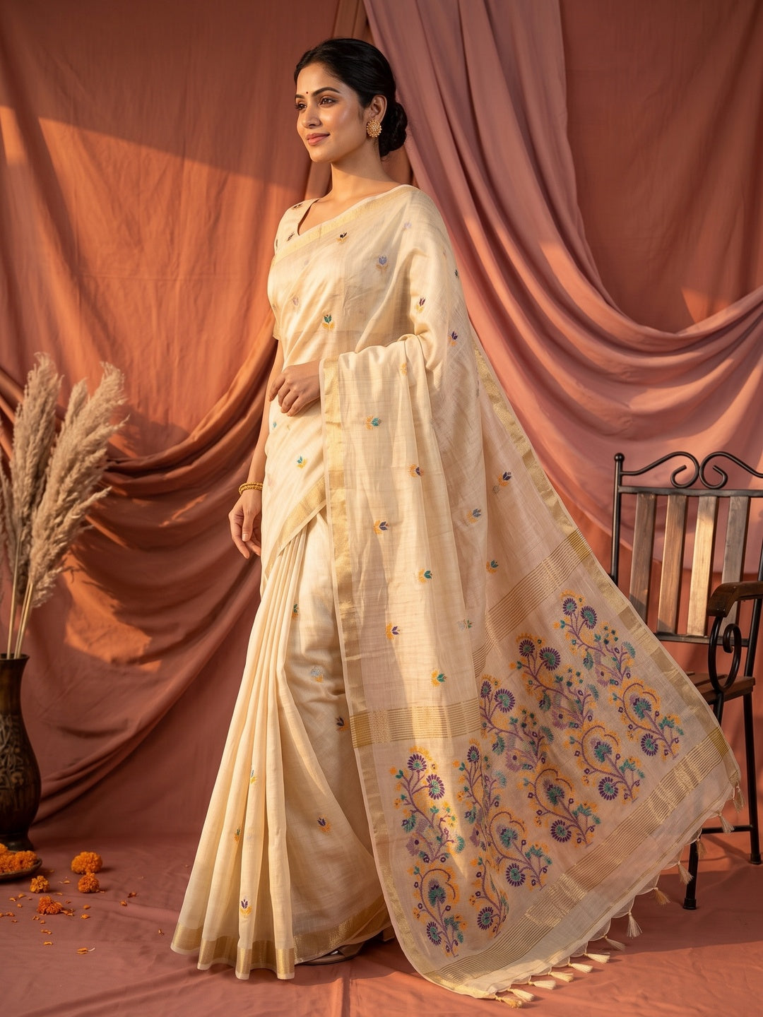 Peachmode Cream Cotton Blend Jamdani Woven Saree - Image 3
