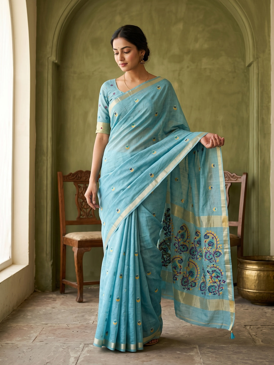 Peachmode Light Blue Cotton Blend Jamdani Woven Saree - Image 1