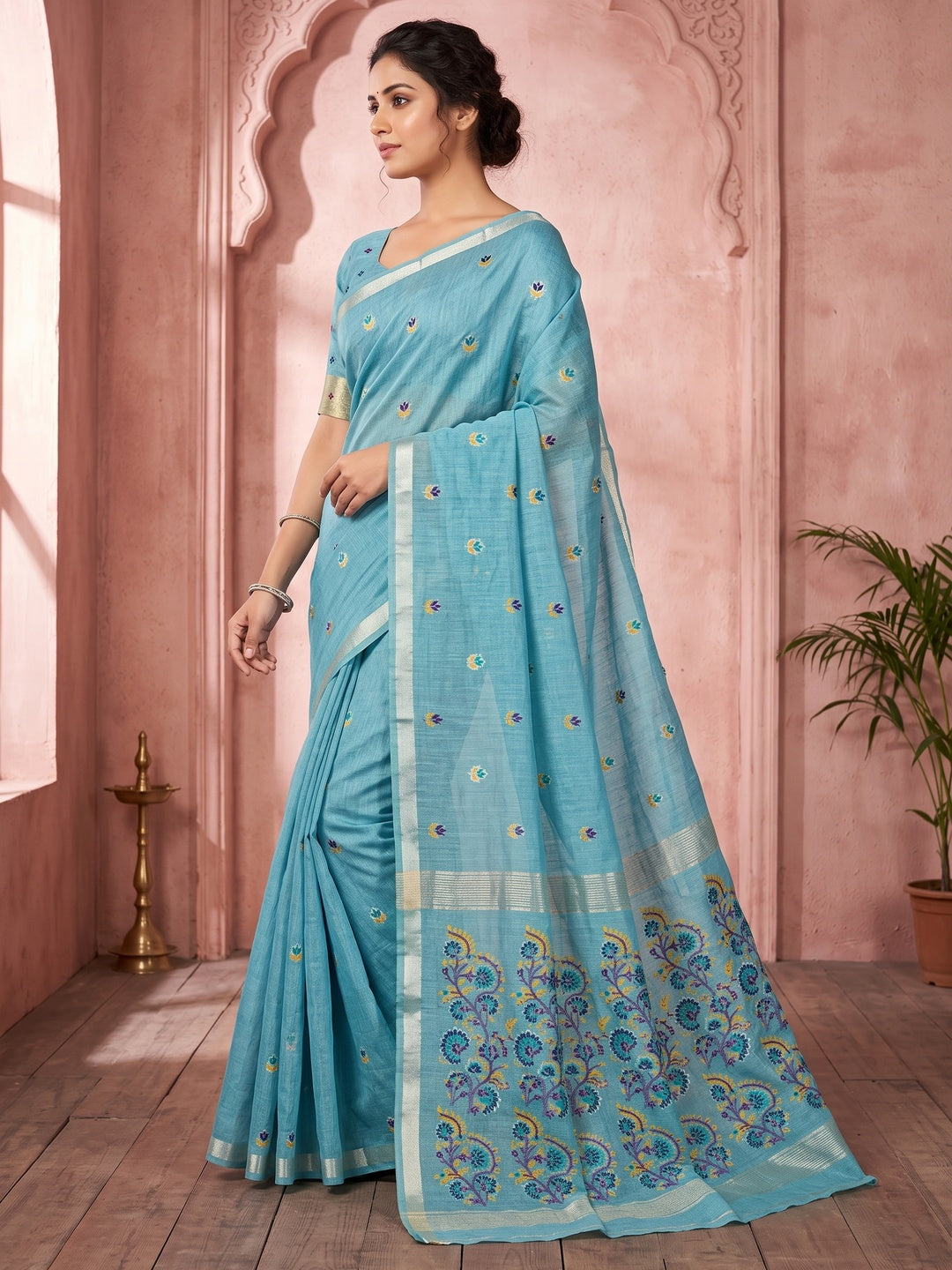 Peachmode Light Blue Cotton Blend Jamdani Woven Saree - Image 4