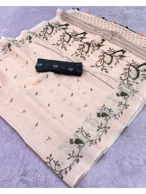 Peachmode Cream Floral Border Linen Cotton Saree - Image 2