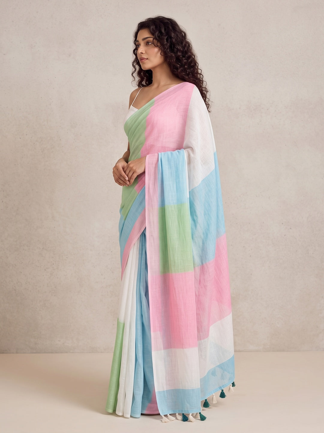 Peachmode Multicolor Striped Linen Cotton Saree - Image 5