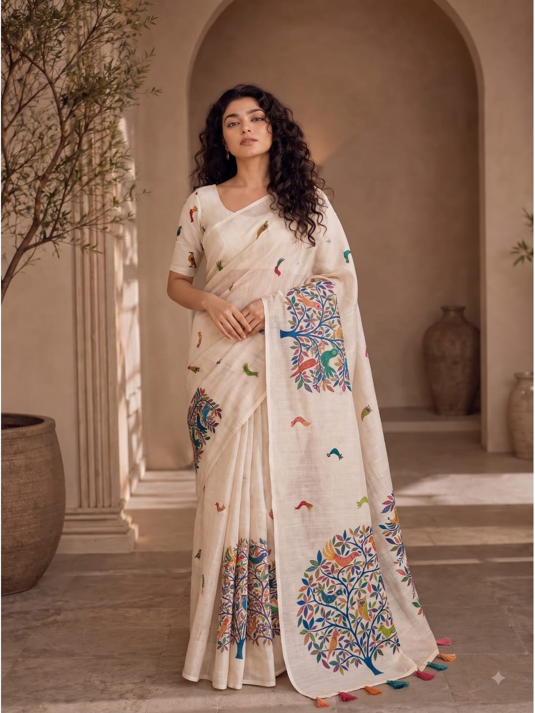Peachmode Cream Multicolor Border Linen Cotton Saree - Image 1