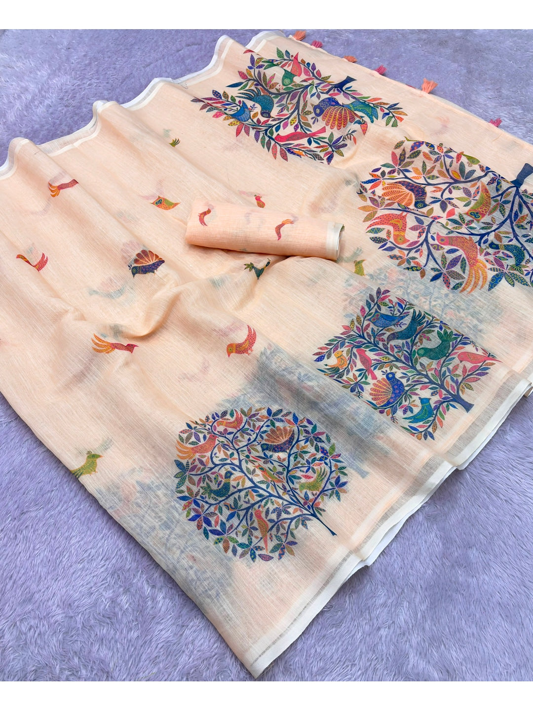 Peachmode Cream Multicolor Border Linen Cotton Saree - Image 4