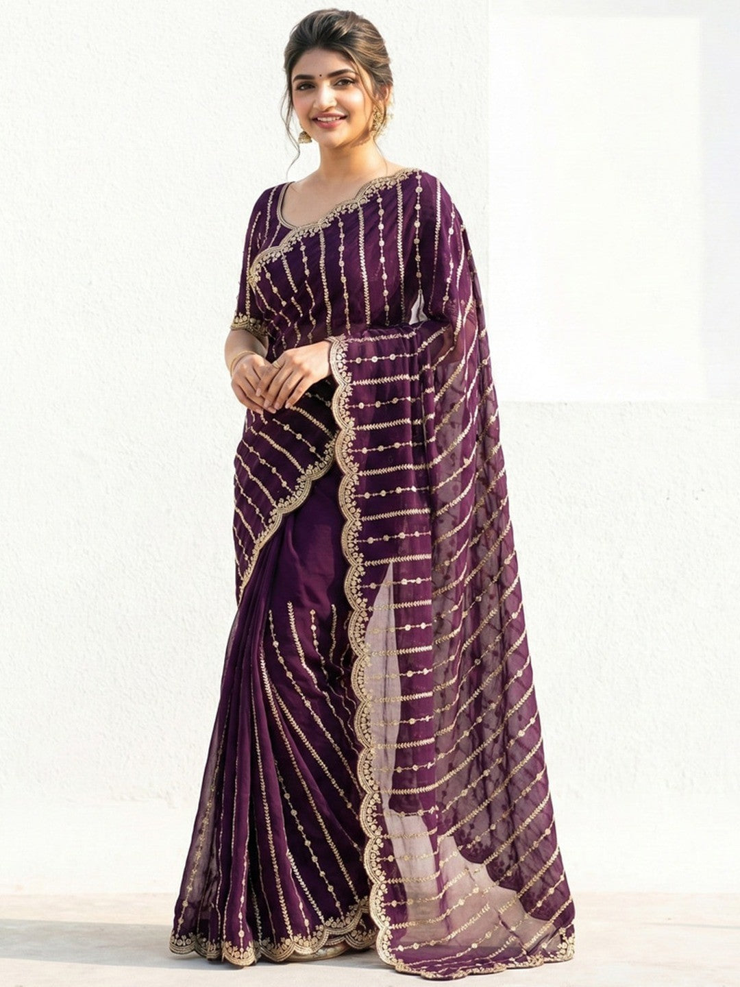 Peachmode Purple Sequin Embroidered Dual Shade Satin Saree - Image 1
