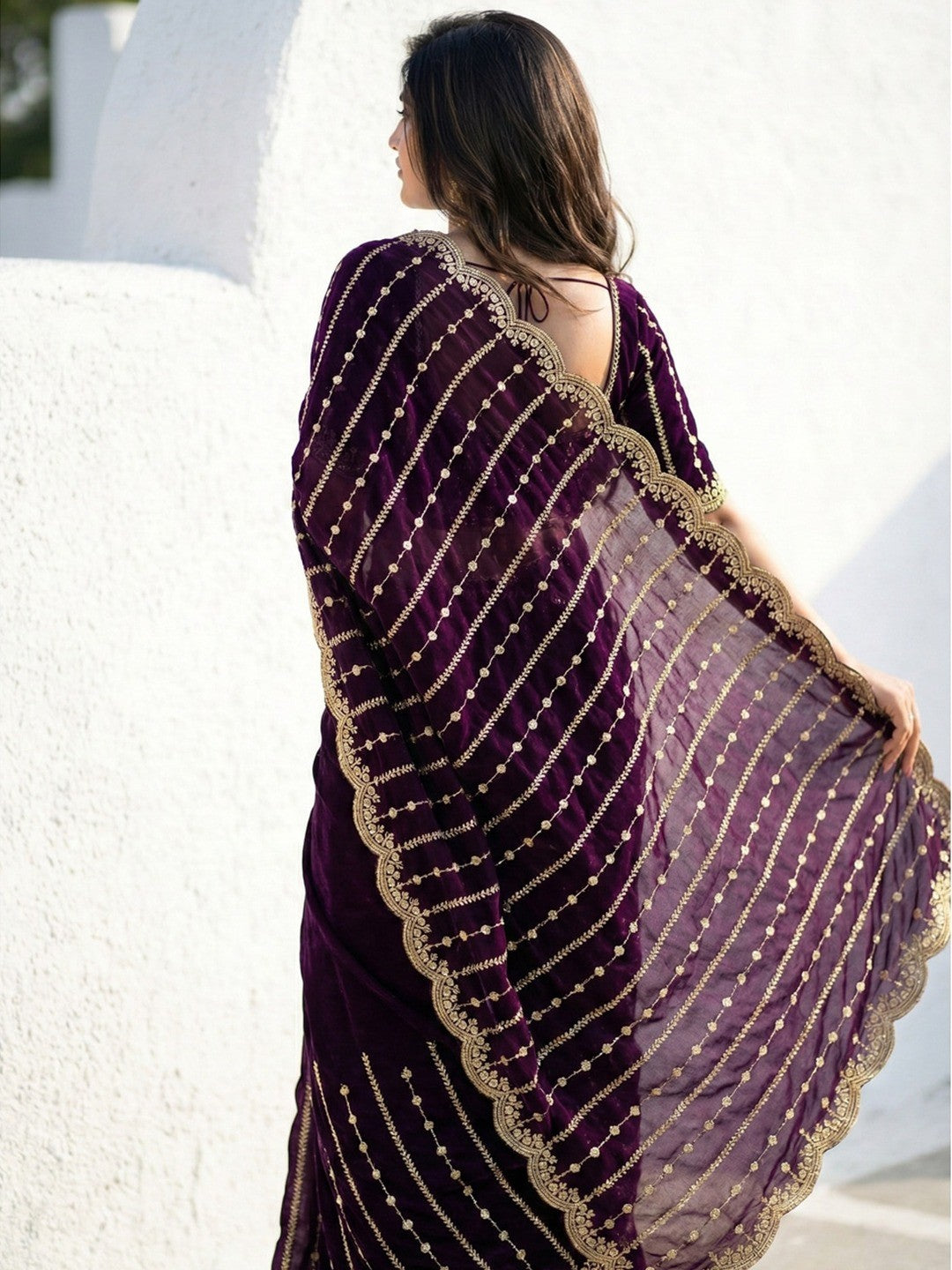 Peachmode Purple Sequin Embroidered Dual Shade Satin Saree - Image 3