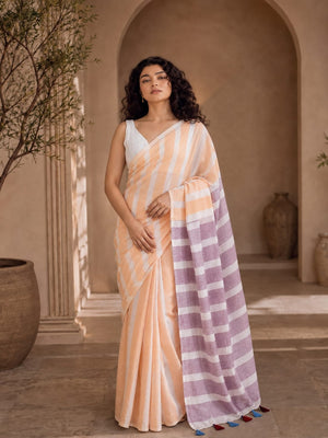 Peachmode Orange Purple Striped Linen Cotton Saree - Image 1
