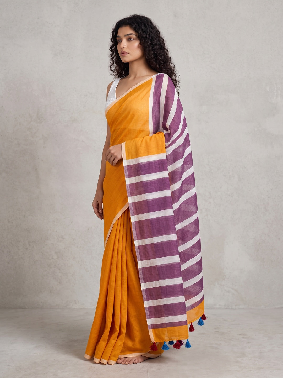 Peachmode Orange Purple Striped Linen Cotton Saree - Image 5