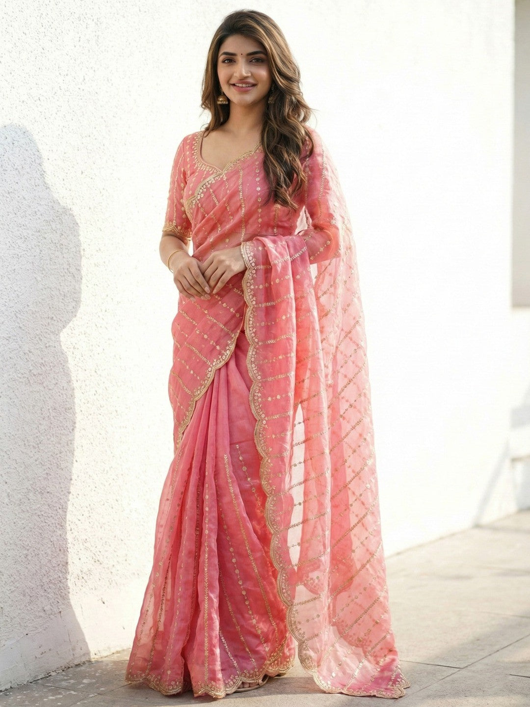 Peachmode Peach Sequin Embroidered Dual Shade Satin Saree - Image 1