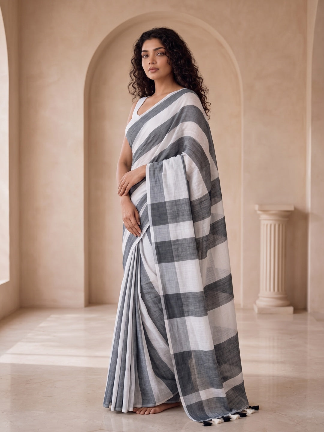 Peachmode Black White Striped Linen Cotton Saree - Image 5