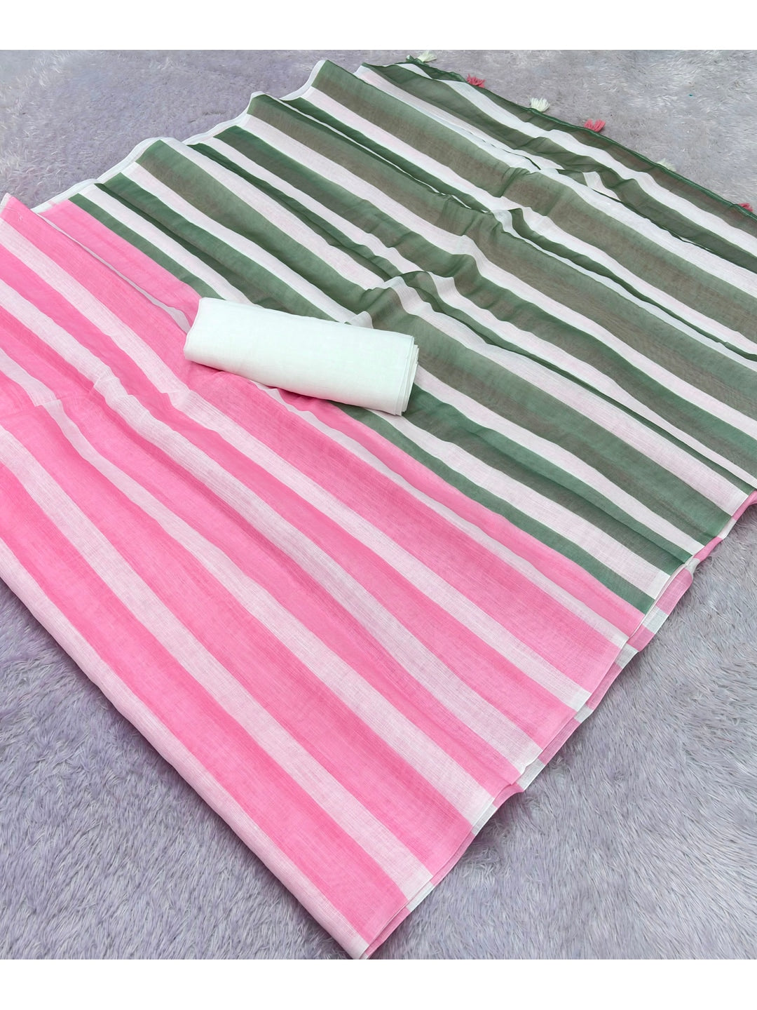 Peachmode Pink Green Striped Linen Cotton Saree - Image 3