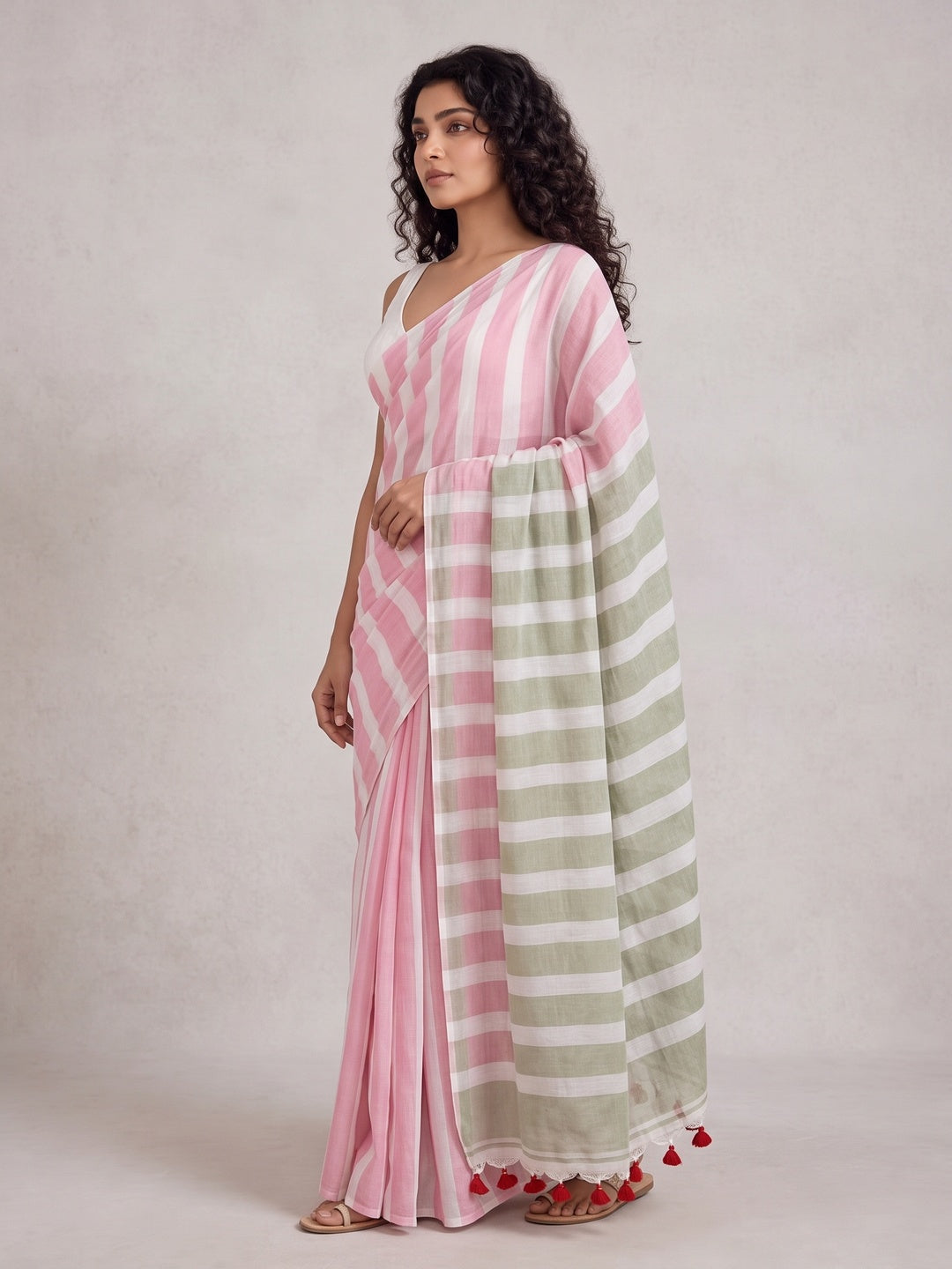 Peachmode Pink Green Striped Linen Cotton Saree - Image 5