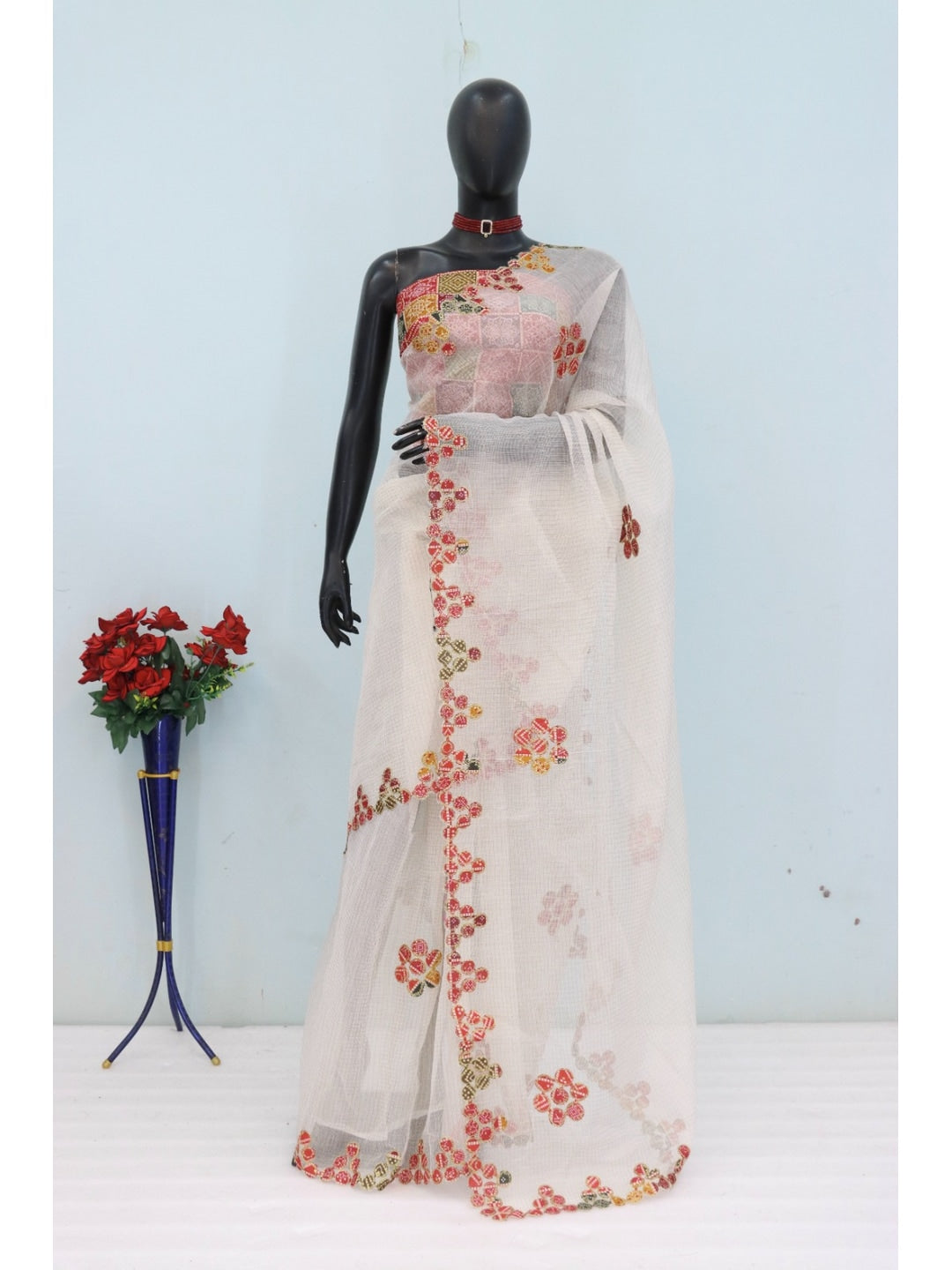 Peachmode White Kota Doria Bandhej Patch Saree - Image 2