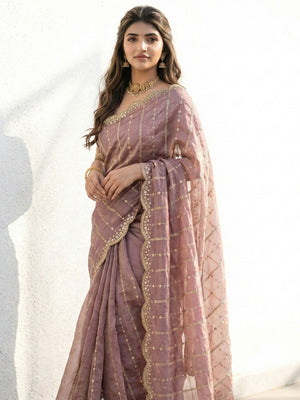 Peachmode Mauve Sequin Embroidered Dual Shade Satin Saree - Image 2