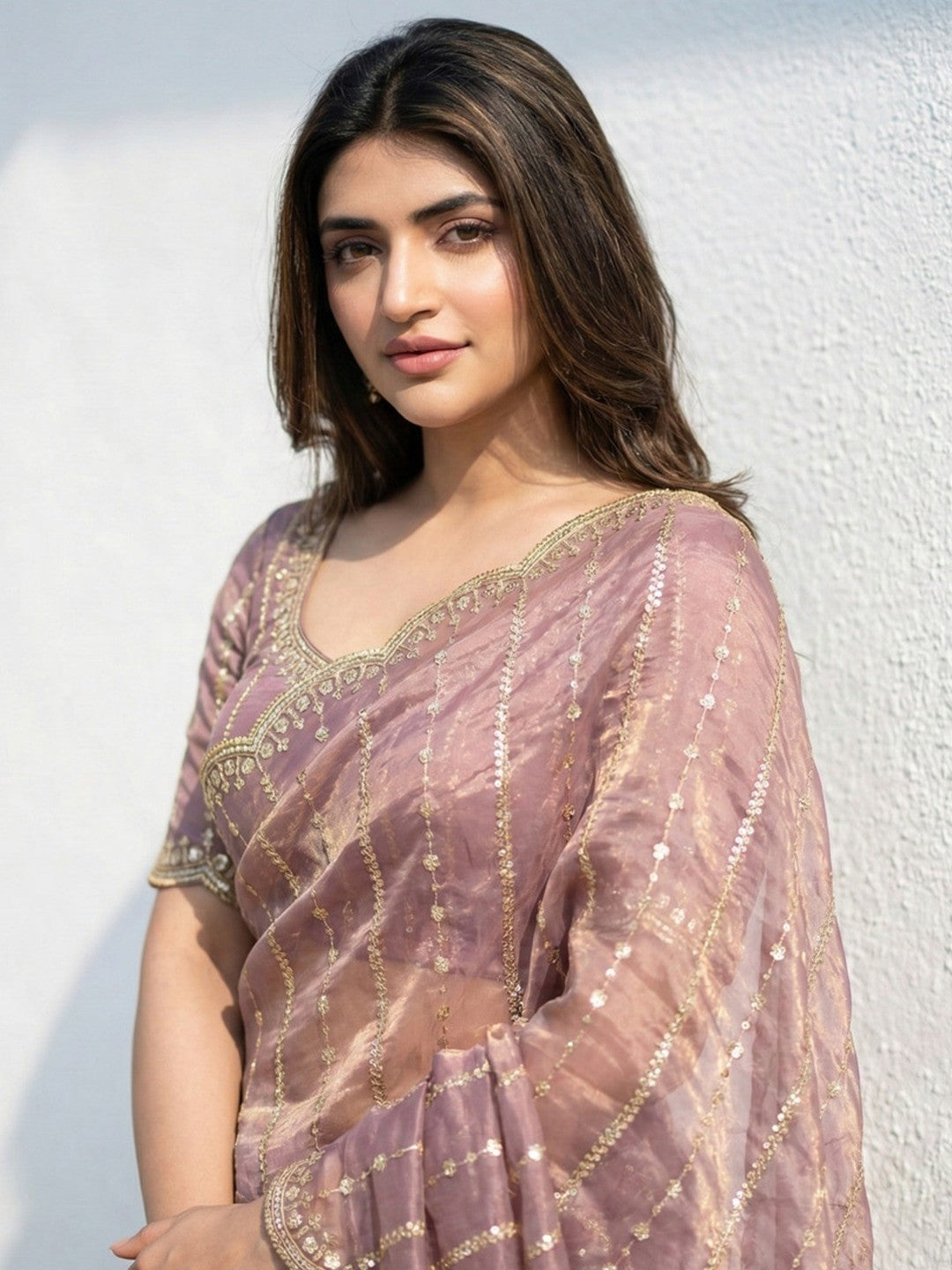 Peachmode Mauve Sequin Embroidered Dual Shade Satin Saree - Image 4