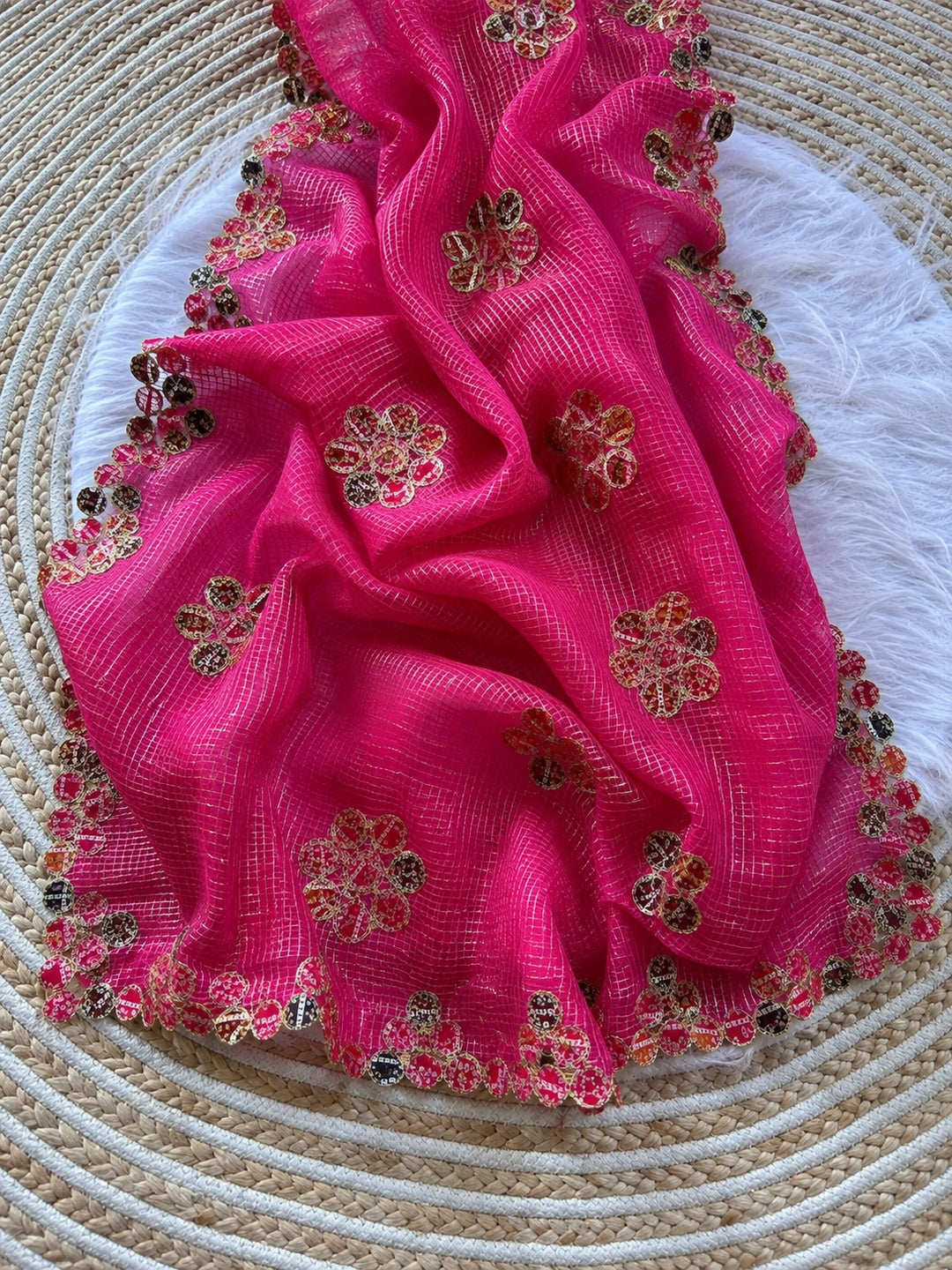 Peachmode Rani Pink Kota Doria Bandhej Patch Saree - Image 5